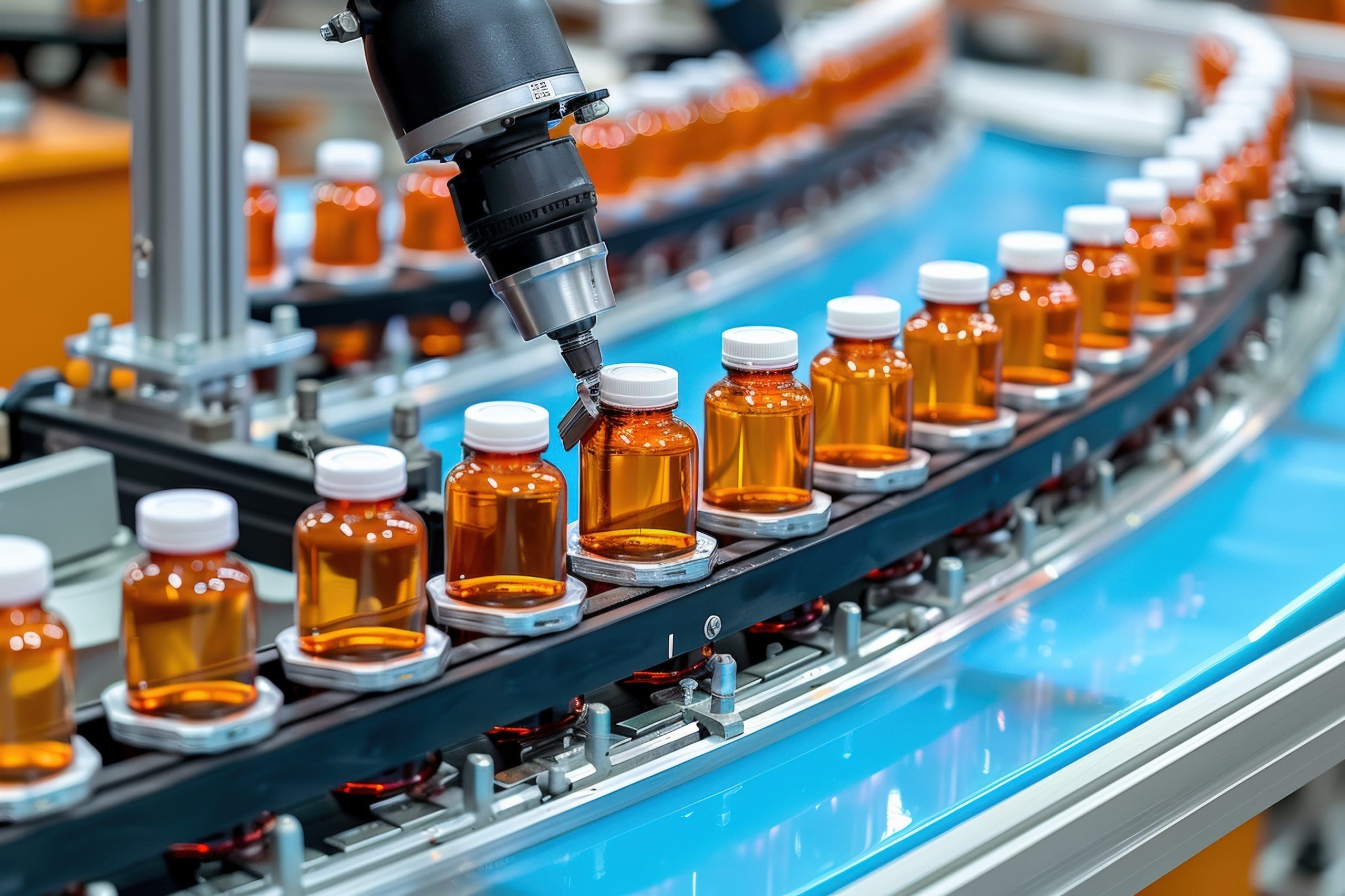 A robotic system filling chemical bottles in a production facility.