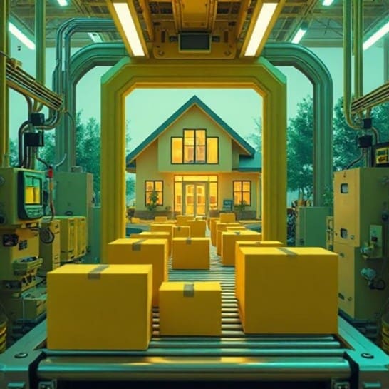 yellow boxes on a packing line with a home in the background